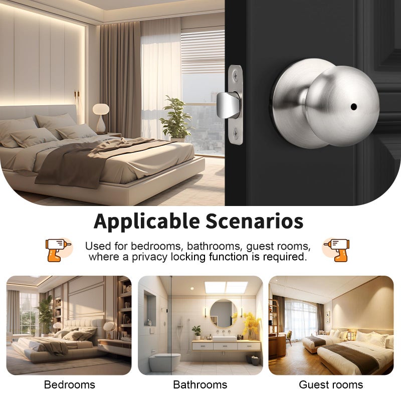 Probrico Keyless Privacy Door Knobs Bedroom Bathroom Locking Door Knob, Brushed Nickel Door Knob with Lock, No Key, Modern Flat Ball Interior Door Handles 10 Pack - Image 4